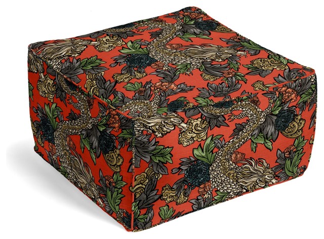 Red Chinoiserie Dragon Custom Pouf asian-floor-pillows-and-poufs